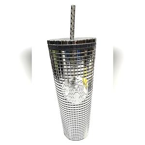 NWT Starbucks 2023 Holiday Metallic Mirror Silver Grid Disco Venti 24oz